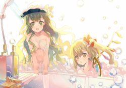 Rule 34 | 2girls, :d, ahoge, alternate hair length, alternate hairstyle, arm support, bad id, bad pixiv id, bare arms, bath, bathing, bathroom, bathtub, blush, bottle, bow, box, breasts, brown eyes, brown hair, bubble, cleavage, collarbone, crystal, eyebrows, flandre scarlet, floating hair, green hair, hair bow, komeiji koishi, long hair, looking at viewer, mashiromi noah, medium breasts, multiple girls, navel, nude, one side up, open mouth, parted lips, partially submerged, red bow, shampoo bottle, shampoo hat, shower head, showering, smile, soap bubbles, stomach, touhou, triangle mouth, very long hair, water, wavy hair, wet, white background, wings, yellow bow