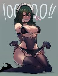 Rule 34 | 1girl, absurdres, bare shoulders, bikini, black bikini, black eyes, black footwear, black gloves, black thighhighs, blush, boku no hero academia, breasts, cleavage, disembodied hand, elbow gloves, frills, garter straps, gloves, green hair, grin, heart, heart-shaped pupils, high heels, highres, large breasts, lifted by self, long hair, looking at viewer, maid headdress, navel, ratatatat74, see-through, sitting, smile, solo, swimsuit, symbol-shaped pupils, thighhighs, tokage setsuna, wariza