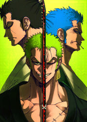 Rule 34 | 3boys, barbarvsah, black hair, blue hair, closed mouth, earrings, green hair, grin, highres, holding, holding sword, holding weapon, jewelry, katana, looking at viewer, mouth hold, multiple boys, one eye closed, one piece, roronoa zoro, ryuuma, scar, scar across eye, scar on chest, shimotsuki ushimaru, short hair, single earring, smile, smirk, stitches, sword, teeth, weapon