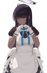 Rule 34 | 1girl, absurdres, ahoge, apron, black dress, black hair, blue archive, blue bow, bow, breasts, brown eyes, closed mouth, collared dress, commentary request, dark-skinned female, dark skin, dress, frilled apron, frilled dress, frills, genkoubeya shig, gloves, halo, hands up, heart, heart hands, highres, karin (blue archive), long hair, looking to the side, maid, maid apron, medium breasts, multicolored hair, pleated dress, puffy short sleeves, puffy sleeves, purple hair, short sleeves, simple background, solo, two-tone hair, very long hair, white apron, white background, white gloves
