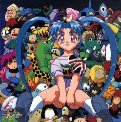 Rule 34 | 1990s (style), 1girl, blue hair, character doll, closed mouth, hair bobbles, hair ornament, kawai sasami, long hair, looking at viewer, mahou shoujo pretty sammy, official art, pink eyes, retro artstyle, ryou-ouki, scan, shirt, shoes, sitting, smile, socks, solo, stuffed animal, stuffed toy, tenchi muyou!, twintails, very long hair