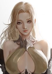 Rule 34 | 1girl, bare shoulders, black eyes, blonde hair, breasts, cleavage cutout, closed mouth, clothing cutout, commentary, dated commentary, dress, english commentary, halter dress, halterneck, highres, large breasts, lips, long hair, looking at viewer, original, simple background, smile, solo, taekwon kim, upper body, white background, yellow dress