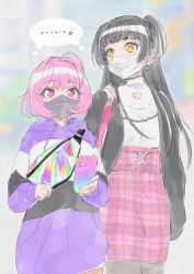 Rule 34 | ..., 2girls, ahoge, bag, black hair, black jacket, black mask, blue hair, blunt bangs, blurry, blurry background, cellphone, clothing cutout, commentary, covered mouth, depth of field, earrings, fanny pack, hair intakes, heart, heart cutout, heart earrings, height difference, highres, hood, hoodie, idolmaster, idolmaster shiny colors, jacket, jewelry, long hair, long sleeves, looking at phone, mask, mayuzumi fuyuko, mouth mask, multicolored clothes, multicolored hair, multicolored hoodie, multiple girls, outdoors, phone, pink eyes, pink hair, pink skirt, plaid, plaid skirt, rn10r, shared thought bubble, shirt, short hair, shoulder bag, single earring, skirt, smartphone, thought bubble, two-tone hair, two side up, upper body, walking, white mask, white shirt, yellow eyes, yumemi riamu