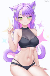 Rule 34 | 1girl, absurdres, animal ears, bare shoulders, black panties, black shirt, breasts, cat ears, cat girl, cat tail, cleavage, commentary, gradient hair, green eyes, hair ornament, hairclip, highres, hololive, long hair, looking at viewer, medium breasts, multi-strapped panties, multicolored hair, navel, panties, pink hair, pink nails, purple hair, see-through, see-through cleavage, shirt, sitting, smile, solo, stomach, swept bangs, symbol-only commentary, tail, tokoyami towa, toned, underwear, very long hair, vini (frisco), virtual youtuber, white background, x hair ornament