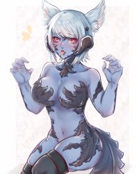 Rule 34 | 1girl, absurdres, akira-tama, animal ears, au ra, warrior of light (ff14), black thighhighs, blush, breasts, cat ears, colored skin, dragon horns, dragon tail, fang, fictional persona, final fantasy, final fantasy xiv, grey skin, highres, horns, looking at viewer, medium breasts, navel, nude, open mouth, red eyes, scales, short hair, simple background, solo, swept bangs, tail, thighhighs, white hair