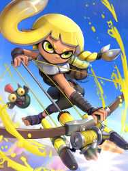 Rule 34 | 1girl, agent 3 (splatoon 3), bow (weapon), bulging eyes, eyebrow cut, gonzarez, highres, holding, holding bow (weapon), holding weapon, nintendo, salmonid, single tooth, smallfry (splatoon), splatoon (series), splatoon 3, suction cups, tentacle hair, tri-stringer (splatoon), weapon, yellow eyes