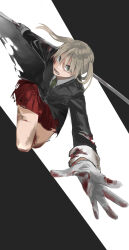 Rule 34 | absurdres, angry, blonde hair, blood, blood on clothes, blood on face, blood on leg, cardigan, gloves, green eyes, green necktie, highres, holding, holding scythe, holding weapon, incoming attack, maka albarn, miniskirt, necktie, reaching, reaching towards viewer, red skirt, sanma (sss sss ssu), scythe, skirt, soul eater, striped necktie, torn clothes, twintails, weapon, white gloves