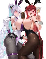 Rule 34 | 2girls, absurdres, ahoge, alcohol, animal ears, aqua pupils, arm strap, azur lane, black gloves, black horns, black leotard, breast press, breasts, card, champagne, champagne bottle, chochomi, curled horns, demon girl, detached collar, elbow gloves, fake animal ears, fake tail, fang, fishnet pantyhose, fishnets, gloves, hair between eyes, hand on own hip, highres, hindenburg (azur lane), hindenburg (delirious duel) (azur lane), holding, holding card, holding hands, horns, kearsarge (all night charge) (azur lane), kearsarge (azur lane), large breasts, leotard, long hair, looking at viewer, multicolored leotard, multiple girls, official alternate costume, open mouth, pantyhose, pink pupils, playboy bunny, playing, pointy ears, ponytail, pouring, pouring onto self, purple leotard, rabbit ears, red hair, skin fang, strapless, strapless leotard, symmetrical docking, tail, torn clothes, torn pantyhose, undersized breast cup, white background, white hair, wrist cuffs