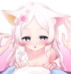 Rule 34 | 1girl, 1other, animal ear fluff, animal ears, blue eyes, blush, breast press, breasts, closed mouth, collarbone, commentary, commission, english commentary, flower, fox ears, fox girl, hair flower, hair ornament, highres, long hair, looking at viewer, medium breasts, oni kumochi, open clothes, open shirt, original, parted bangs, pink hair, pov, pov hands, second-party source, shirt, single bare shoulder, skeb commission, solo focus, tongue, tongue out, white shirt