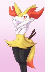 Rule 34 | 1girl, animal ears, aoinu111, armpits, arms up, blush, braixen, breasts, creatures (company), fox ears, fox tail, furry, furry female, game freak, gen 6 pokemon, gradient background, highres, looking at viewer, navel, nintendo, nipples, pink background, pokemon, pokemon (creature), pokemon xy, red eyes, simple background, small breasts, solo, standing, stick, tail