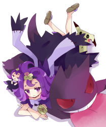 Rule 34 | 1girl, :3, acerola (pokemon), blush, brown flower, brown footwear, character doll, closed mouth, creatures (company), crossed arms, dress, flipped hair, flower, game freak, gen 1 pokemon, gen 7 pokemon, gengar, hair flower, hair ornament, highres, legs up, looking at viewer, lying, mimikyu, nintendo, on stomach, pokemon, pokemon (creature), pokemon sm, purple dress, purple eyes, purple hair, red eyes, sandals, shoe soles, short sleeves, tongue, tongue out, tsukiyo (skymint), white background