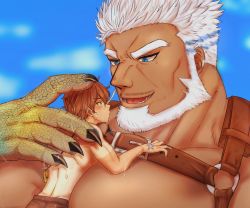 Rule 34 | 2boys, abs, aegir (housamo), aqua hair, bara, beard, between pectorals, blue eyes, blush, chest harness, dark-skinned male, dark skin, earrings, eye contact, facial hair, fins, fish boy, giant, giant male, harness, highres, hiota (kuhi 0301), jewelry, large pectorals, looking at another, male focus, protagonist 4 (housamo), mature male, multicolored hair, multiple boys, muscular, muscular male, pectorals, short hair, single earring, size difference, streaked hair, tokyo houkago summoners, wet, white hair, yaoi