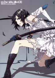 Rule 34 | 10s, 1girl, 2012, absurdres, black eyes, black hair, boots, dated, dogs: bullets &amp; carnage, dress, elbow gloves, expressionless, fighting stance, flower, fuyumine naoto, gloves, grey background, highres, knee boots, kneeling, looking back, miwa shirow, on one knee, petals, ready to draw, short hair, single elbow glove, skirt, solo, sword, torn clothes, weapon, white dress