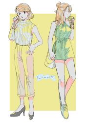 Rule 34 | 2girls, alternate costume, arm at side, armpit peek, bag, bare arms, bare legs, bare shoulders, black eyes, black footwear, blonde hair, bracelet, braid, breasts, coffee, coffee cup, cup, disposable cup, dual persona, english text, expressionless, fingernails, full body, fullmetal alchemist, hair bun, hand in pocket, handbag, high heels, highres, holding, holding cup, jewelry, looking away, medium breasts, multiple girls, off shoulder, ozaki (tsukiko3), pants, parted lips, profile, rectangle, riza hawkeye, shirt, short hair, simple background, single hair bun, sleeveless, sleeveless shirt, standing, striped clothes, striped shirt, text focus, vertical-striped clothes, vertical-striped shirt, white background, white shirt, yellow background