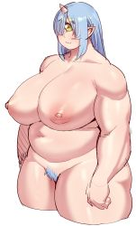 Rule 34 | 1girl, absurdres, ass, bare shoulders, belly, blue hair, breasts, cyclops, elf-san wa yaserarenai., female pubic hair, green eyes, highres, hitome (elf-san wa yaserarenai.), horns, huge breasts, long hair, looking at viewer, muscular, nipples, nude, one-eyed, plump, pubic hair, simple background, single horn, smile, solo, synecdoche, thick arms, thick thighs, thighs, white background, wide hips