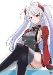 Rule 34 | 1girl, absurdres, ahoge, arm support, asymmetrical bangs, azur lane, black gloves, black thighhighs, breasts, brown eyes, buttons, character name, closed mouth, commentary request, copyright name, cross, crossed legs, double-breasted, garter straps, gloves, grey hair, grey shirt, hand on own knee, headpiece, highres, iron cross, long hair, looking at viewer, medium breasts, motodouryou, multicolored hair, parted bangs, prinz eugen (azur lane), red hair, shirt, shrug (clothing), sideboob, signature, simple background, sitting, smile, solo, streaked hair, thighhighs, thighs, two-tone hair, two side up, white background