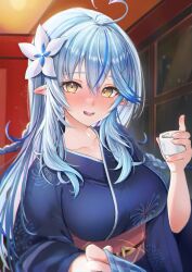 Rule 34 | 1girl, ahoge, blue hair, blue kimono, blush, breasts, collarbone, cup, flower, glint, hair flower, hair ornament, hand up, highres, holding, holding cup, hololive, indoors, japanese clothes, kimono, large breasts, long hair, long sleeves, looking at viewer, nose blush, open mouth, pointy ears, pov, smile, solo, sunano reona, upper body, virtual youtuber, wide sleeves, window, yellow eyes, yukata, yukihana lamy