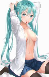 Rule 34 | 1girl, absurdres, aqua eyes, aqua hair, arms up, bad id, bad pixiv id, black thighhighs, blue skirt, blush, breasts, chromatic aberration, hair between eyes, hair tie in mouth, hatsune miku, highres, huge filesize, long hair, medium breasts, mouth hold, navel, no bra, norahito, open clothes, open shirt, pleated skirt, shirt, sitting, skirt, solo, thighhighs, tying hair, very long hair, vocaloid, white background, white shirt
