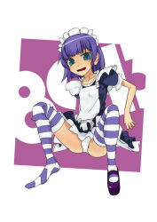Rule 34 | 1girl, aqua eyes, drooling, female focus, full body, futaba channel, maid, nijiura maids, panties, purple hair, short hair, smile, solo, striped clothes, striped thighhighs, thighhighs, underwear, white background, white panties, yakui, yamamoto canponi