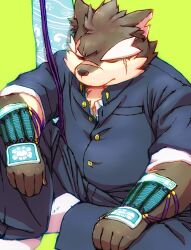 Rule 34 | 1boy, animal ears, armor, closed eyes, closed mouth, collared shirt, commentary request, dog boy, dog ears, eyebrow cut, forked eyebrows, furry, furry male, gakuran, green background, highres, huge eyebrows, japanese armor, kote, male focus, moritaka (housamo), notched ear, sakusan (ch3cooh1231), scar, scar on face, scar on nose, school uniform, shirt, short hair, simple background, sitting, solo, tokyo houkago summoners, white shirt