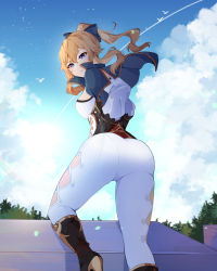 Rule 34 | 1girl, absurdres, ass, blonde hair, blush, boots, bow, breasts, capelet, from behind, from below, genshin impact, gloves, hair bow, highres, jean (genshin impact), long hair, looking at viewer, looking back, looking down, pants, pantylines, ponytail, purple eyes, sideboob, solo, tight clothes, tight pants, weiic