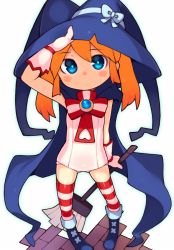 Rule 34 | 1girl, bachera, blue eyes, boots, broom, cape, from above, gloves, hat, looking at viewer, orange hair, original, pakky (bachera), pigeon-toed, simple background, solo, standing, striped clothes, striped thighhighs, thighhighs, tile floor, tiles, white background, witch hat