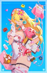 Rule 34 | 1girl, ass, bandages, blonde hair, blue eyes, breasts, cleavage, cleavage cutout, clothing cutout, crown (symbol), dr. mario, dr. mario (game), earrings, fire flower, goomba, hair ornament, hair over one eye, hand on own hip, hat, heart, highres, intravenous drip, jewelry, looking at viewer, mario, mario (series), medicine, mushroommirror, needle, nintendo, nurse, nurse cap, one eye covered, pill, princess peach, skin tight, skindentation, sphere earrings, star (symbol), super mushroom, super star (mario), tablet pc, thick thighs, thigh strap, thighs, virus (dr. mario)