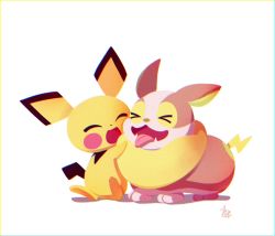 Rule 34 | &gt; &lt;, commentary request, creatures (company), closed eyes, fangs, game freak, gen 2 pokemon, gen 8 pokemon, happy, highres, nintendo, no humans, open mouth, pichu, pokemon, pokemon (creature), simple background, toes, tongue, tongue out, white background, yamper, yorita genyu