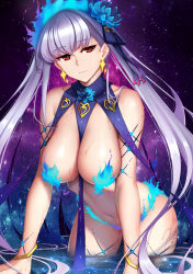 Rule 34 | 1girl, bare shoulders, blue fire, blue hair, blush, body markings, bracelet, breasts, dydydyok, earrings, fate/grand order, fate (series), fire, flower, hair flower, hair ornament, hair ribbon, highres, jewelry, kama (fate), kama (swimsuit avenger) (fate), kama (swimsuit avenger) (third ascension) (fate), large breasts, long hair, looking at viewer, lotus, multicolored hair, navel, red eyes, revealing clothes, ribbon, silver hair, solo, star (symbol), star earrings, thighs, two-tone hair