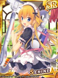 Rule 34 | 1girl, angel beats!, ass, blonde hair, blue eyes, fang, long hair, looking at viewer, maid, maid headdress, official art, open mouth, puffy short sleeves, puffy sleeves, sacraneco, sekine shiori, short sleeves, solo, vacuum cleaner
