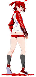 Rule 34 | 1girl, antenna hair, ass, bad id, bad pixiv id, black socks, brown eyes, buruma, buruma pull, butt crack, clothes pull, converse, highres, isshiki akane, jacket, kneehighs, looking back, open mouth, pulled by self, red hair, shino (comic penguin club), shoes, sneakers, socks, solo, track jacket, vividred operation