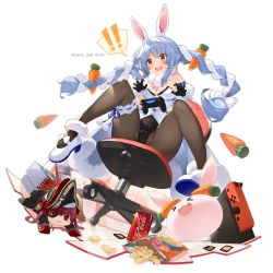 Rule 34 | !, !!, 2girls, absurdres, animal ear fluff, animal ears, bicorne, black gloves, black leotard, black pantyhose, blue hair, blush stickers, bow, braid, breasts, bridal garter, brown eyes, can, carrot, carrot hair ornament, chair, chips (food), controller, don-chan (usada pekora), dress, drink can, eyepatch, food, food-themed hair ornament, from below, fur-trimmed dress, fur-trimmed gloves, fur scarf, fur trim, game cartridge, game controller, gloves, hair bow, hair ornament, hat, highres, hololive, houshou marine, ishihara (kuniyoshi), leotard, leotard under clothes, looking down, md5 mismatch, multiple girls, nintendo switch, nintendo switch dock, office chair, open mouth, pantyhose, pekomon (usada pekora), playboy bunny, potato chips, rabbit ears, rabbit girl, red eyes, red hair, resolution mismatch, ribbon, shoes, sidelocks, sitting, small breasts, soda can, source smaller, spread legs, swivel chair, thick eyebrows, twin braids, twitter username, usada pekora, usada pekora (1st costume), virtual youtuber, wavy mouth, white bow, white footwear, white ribbon
