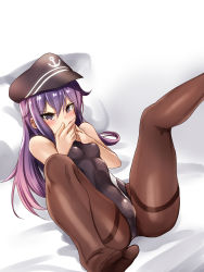 Rule 34 | 1girl, absurdres, akatsuki (kancolle), alternate costume, anchor symbol, angry, blush, breasts, competition swimsuit, eureka (eureka-0075), flat cap, gradient background, hair between eyes, hat, highres, kantai collection, long hair, looking at viewer, lying, messy hair, on back, one-piece swimsuit, pantyhose, pantyhose under swimsuit, pillow, purple eyes, purple hair, small breasts, solo, swimsuit