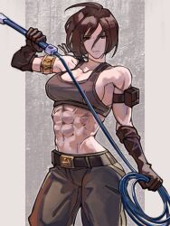 Rule 34 | 1girl, abs, brown eyes, brown hair, elbow gloves, femdom, gloves, highres, holding, holding whip, looking at viewer, muscular, muscular female, syachiiro, tank top, the king of fighters, toned, whip, whip (kof)
