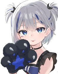 Rule 34 | 1girl, :3, :p, animal hands, artist request, asymmetrical hair, black choker, black gloves, black shirt, blue eyes, blue hair, blue shirt, braid, choker, claws, collarbone, crescent, crescent hair ornament, crop top, cropped torso, facial mark, gloves, grey hair, hair behind ear, hair ornament, hand up, hatching (texture), heart, heart facial mark, highres, looking at viewer, multicolored hair, o-ring, o-ring choker, paw gloves, raised eyebrows, rurine luna, shirt, short hair, simple background, single braid, sleeveless, sleeveless shirt, star (symbol), star facial mark, star print, streaked hair, tongue, tongue out, two-tone hair, two side up, virtual youtuber, wactor production, white background