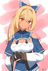 Rule 34 | 1girl, absurdres, bare shoulders, blonde hair, blush, bow, breasts, cleavage, closed mouth, clothing cutout, dark-skinned female, dark skin, detached sleeves, elf, gloves, hair bow, hair intakes, high collar, high ponytail, highres, hololive, layered sleeves, long hair, long sleeves, looking at viewer, multicolored hair, orange eyes, partially fingerless gloves, pointy ears, sen (sen42724788), shiranui flare, shiranui flare (old design), short sleeves, shoulder cutout, smile, solo, streaked hair, underbust, upper body, virtual youtuber