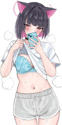 Rule 34 | 1girl, alternate costume, animal ears, aqua bra, black choker, black hair, blue archive, blunt ends, blush, bra, breasts, cat ears, choker, clothes lift, colored inner hair, dolphin shorts, extra ears, grey shorts, halo, highres, holding, holding phone, kazusa (blue archive), looking at viewer, medium breasts, multicolored hair, navel, phone, pink eyes, pink hair, selfie, shirt, shirt lift, short hair, shorts, simple background, solo, steaming body, stomach, sweat, tsumayouji (tumayog), two-tone hair, underwear, white background, white shirt