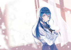Rule 34 | 1girl, absurdres, blue hair, blue skirt, character request, commentary request, copyright request, green eyes, hair between eyes, highres, holding, long hair, long sleeves, looking at viewer, okaki wtvc3785, pleated skirt, school uniform, shirt, skirt, smile, snow, snowman, solo, white shirt, window