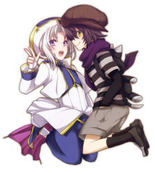 Rule 34 | 2boys, androgynous, bad id, bad pixiv id, black hair, hat, multiple boys, open mouth, profile, purple eyes, shirt, short hair, shorts, smile, striped clothes, striped shirt, uka (color noise), v, white hair, yellow eyes