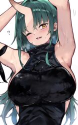 Rule 34 | 1girl, ;d, ?, arknights, armpits, arms up, breasts, green hair, highres, horns, hoshiguma (arknights), kyuu (plastic night q), large breasts, long hair, one eye closed, open mouth, simple background, single horn, smile, solo, sweat, upper body, white background, yellow eyes