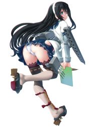 Rule 34 | 1girl, aircraft catapult, ass, black hair, blue eyes, blue skirt, blush, breasts, cannon, closed mouth, commentary request, dd (ijigendd), from behind, full body, glasses, hair between eyes, hair ribbon, hairband, high heels, highres, hip vent, holding, kantai collection, lace, lace-trimmed legwear, lace-trimmed panties, lace trim, legs, long hair, long sleeves, looking at viewer, looking back, machinery, miniskirt, ooyodo (kancolle), panties, pantyshot, platform footwear, platform heels, pleated skirt, purple thighhighs, quill, ribbon, rigging, rudder footwear, sailor collar, school uniform, semi-rimless eyewear, serafuku, simple background, skirt, small breasts, solo, standing, thighhighs, thighs, turret, under-rim eyewear, underwear, white background, white panties