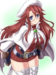 Rule 34 | 1girl, aty, aty (summon night), belt, belt skirt, beret, blue eyes, blush, boots, breasts, brooch, cape, dress, fanatic fetish, glasses, hat, jewelry, large breasts, leaning forward, long hair, looking at viewer, red hair, ribbed sweater, smile, solo, summon night, summon night 3, summon night 5, sweater, sweater dress, thigh boots, thighhighs, tsukioka kirio, white thighhighs
