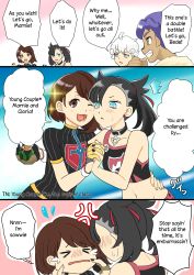 &gt; &lt;, 2girls, 3koma, absurdres, angry, aqua eyes, armpits, arms, artist request, asymmetrical bangs, asymmetrical hair, bangs, bare shoulders, bede (pokemon), black choker, black hair, black nails, blue hair, blush, bow, brown eyes, brown hair, cheek-to-cheek, cheek pinching, child, choker, collarbone, comic, couple, creatures (company), crop top, dusk ball, earrings, embarrassed, english text, fingerless gloves, fingernails, fingers together, flat chest, game freak, gloria (pokemon), gloves, gradient, gradient background, gym challenge uniform, hair bow, hair ornament, hair ribbon, hand holding, hand on another&#039;s hip, hands, happy, highres, holding, hop (pokemon), japanese text, jewelry, long image, marnie (pokemon), medium hair, midriff, multiple boys, multiple girls, nail polish, navel, neck, nintendo, one eye closed, open mouth, pale skin, pinching, poke ball, pokemon, pokemon (game), pokemon swsh, ribbon, shirt, short hair, short sleeves, shoulders, sleeveless, sleeveless shirt, smile, sparkle, speech bubble, sweatdrop, tall image, translated, tsundere, twintails, undercut, white hair, wink, young couple (pokemon), yuri