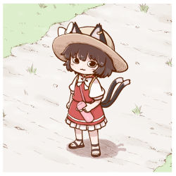 Rule 34 | 1girl, :3, alternate headwear, animal ears, ankle strap, arm at side, black eyes, black footwear, border, bow, bowtie, brown hair, cat ears, cat girl, cat tail, chen, closed mouth, dirt road, earrings, ears through headwear, frills, from above, from side, full body, grass, hat, hat bow, hatching (texture), high collar, holding, hoop earrings, jewelry, linear hatching, looking at viewer, looking to the side, looking up, mandarin collar, medium skirt, multiple tails, nekomata, no nose, outdoors, path, poronegi, puffy short sleeves, puffy sleeves, red skirt, red vest, road, sandals, shadow, short hair, short sleeves, shoulder strap, single earring, skirt, skirt set, smile, solo, standing, straw hat, sun hat, tail, thermos, touhou, vest, white border, white bow, white bowtie