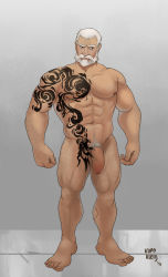 Rule 34 | 1boy, abs, barefoot, beard, body hair, facial hair, feet, flaccid, full body, highres, kupo klein, male focus, muscular, nude, old, old man, pectorals, penis, silver hair, solo, tattoo, toes