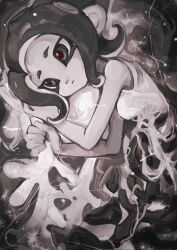 Rule 34 | 1girl, check copyright, closed mouth, commentary request, copyright request, exposed bone, expressionless, film grain, flipped hair, from above, greyscale, highres, holding, holding plant, liang cun rakuna, light particles, looking ahead, lying, medium hair, monochrome, nintendo, octoling, octoling girl, octoling player character, on side, plant, red pupils, seaweed, severed torso, shirt, short eyebrows, sleeveless, sleeveless shirt, solo, splatoon (series), splatoon 3, splatoon 3: side order, spot color, tentacle hair, torn clothes, torn shirt