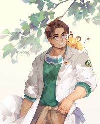Rule 34 | 1boy, ahoge, artist name, beard, brown hair, brown jumpsuit, brown pants, commentary request, creatures (company), dedenne, facial hair, game freak, gen 6 pokemon, glasses, goggles, goggles around neck, green shirt, heart, jumpsuit, jumpsuit around waist, lab coat, male focus, mirror (pokemon), new pokemon snap, nintendo, on shoulder, pants, parted bangs, pokemon, pokemon (creature), pokemon on shoulder, qvoro, semi-rimless eyewear, shirt, short hair, smile