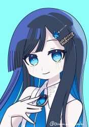 Rule 34 | 1girl, \||/, bare shoulders, blue background, blue eyes, blue hair, blue ribbon, blunt ends, brooch, cevio, closed mouth, collared dress, colored inner hair, commentary request, dress, futaba minato, hair ornament, hairclip, hand on own chest, hand up, highres, jewelry, light blush, long hair, looking at viewer, mukishitsu hirune, multicolored hair, neck ribbon, ribbon, simple background, single sidelock, sleeveless, sleeveless dress, smile, solo, twitter username, upper body, white dress