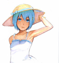 Rule 34 | 10s, 1girl, arm up, armpits, bare shoulders, blue eyes, blue hair, bow, breasts, buttons, dress, hair between eyes, hair ornament, hairclip, hand on headwear, hat, hat bow, highres, hirano ryouji, lace, lace-trimmed dress, lace trim, looking at viewer, mahou shoujo madoka magica, mahou shoujo madoka magica (anime), matching hair/eyes, miki sayaka, short hair, simple background, small breasts, smile, solo, straw hat, sun hat, sundress, traditional media, upper body, white background, white dress