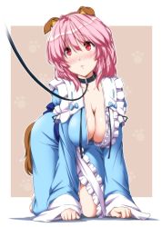 Rule 34 | 1girl, ahoge, all fours, animal ears, barefoot, blue dress, blush, breasts, cleavage, collar, collarbone, dog ears, dog tail, downblouse, dress, frills, hanging breasts, highres, human dog, japanese clothes, kemonomimi mode, kimono, large breasts, leash, long sleeves, looking at another, nori tamago, nose blush, parted lips, pet play, pink hair, red eyes, saigyouji yuyuko, sash, short hair, solo, tail, touhou, viewer holding leash, wide sleeves